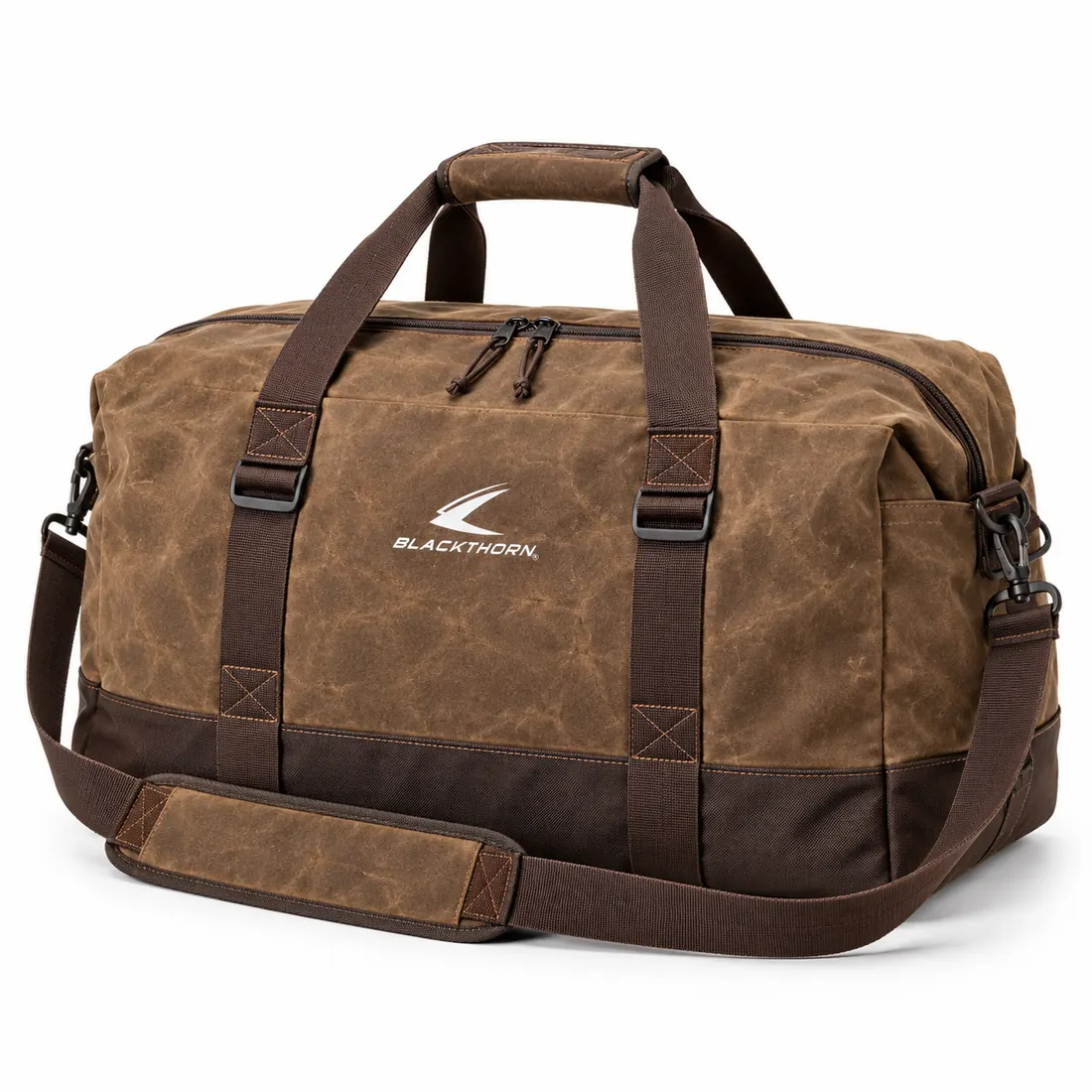 Saddle Wax Canvas Hunting Duffel, three-quarter view, tan-brown private-label waxed canvas hunting duffel