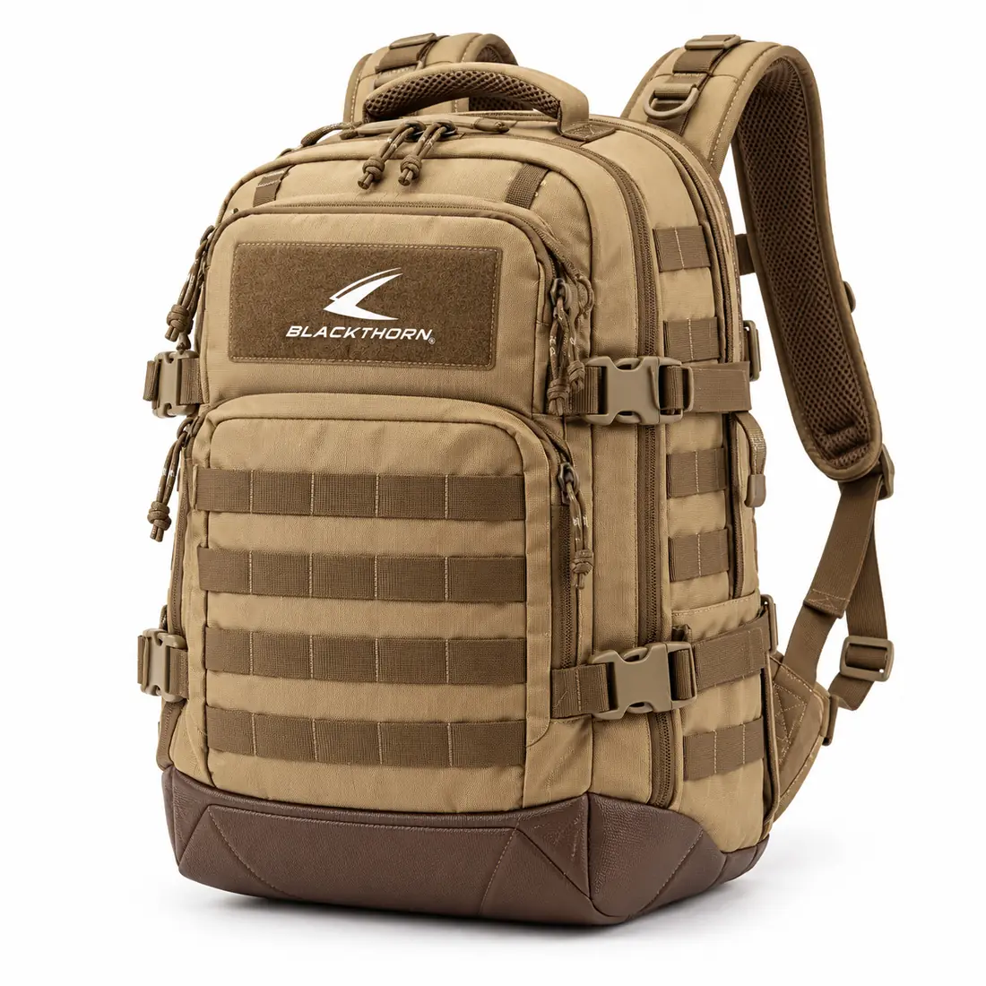 Sand Ridge Tactical Day Pack, front three-quarter view, coyote and brown private-label tactical day pack with MOLLE