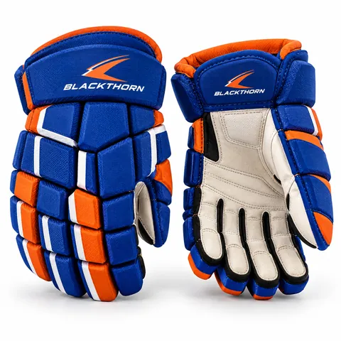 Sapphire Flare royal-blue, orange and white ice hockey gloves, backhand and palm view, OEM hockey gloves