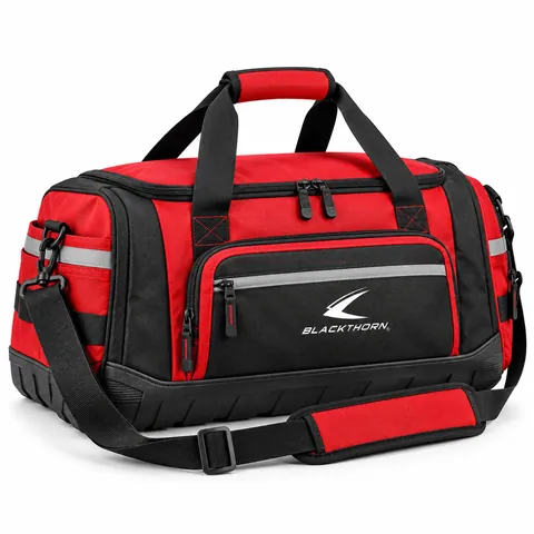 Signal Red PPE Duffel, three-quarter view, red and black PPE duffel bag with reflective trims from our factory