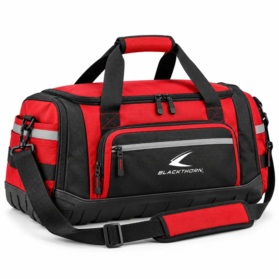 Signal Red PPE Duffel, three-quarter view, red and black PPE duffel bag with reflective trims from our factory