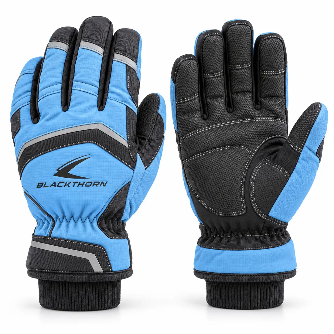 Skyline Frost winter gloves in sky blue and black with reflective piping and knit cuff, wholesale winter gloves