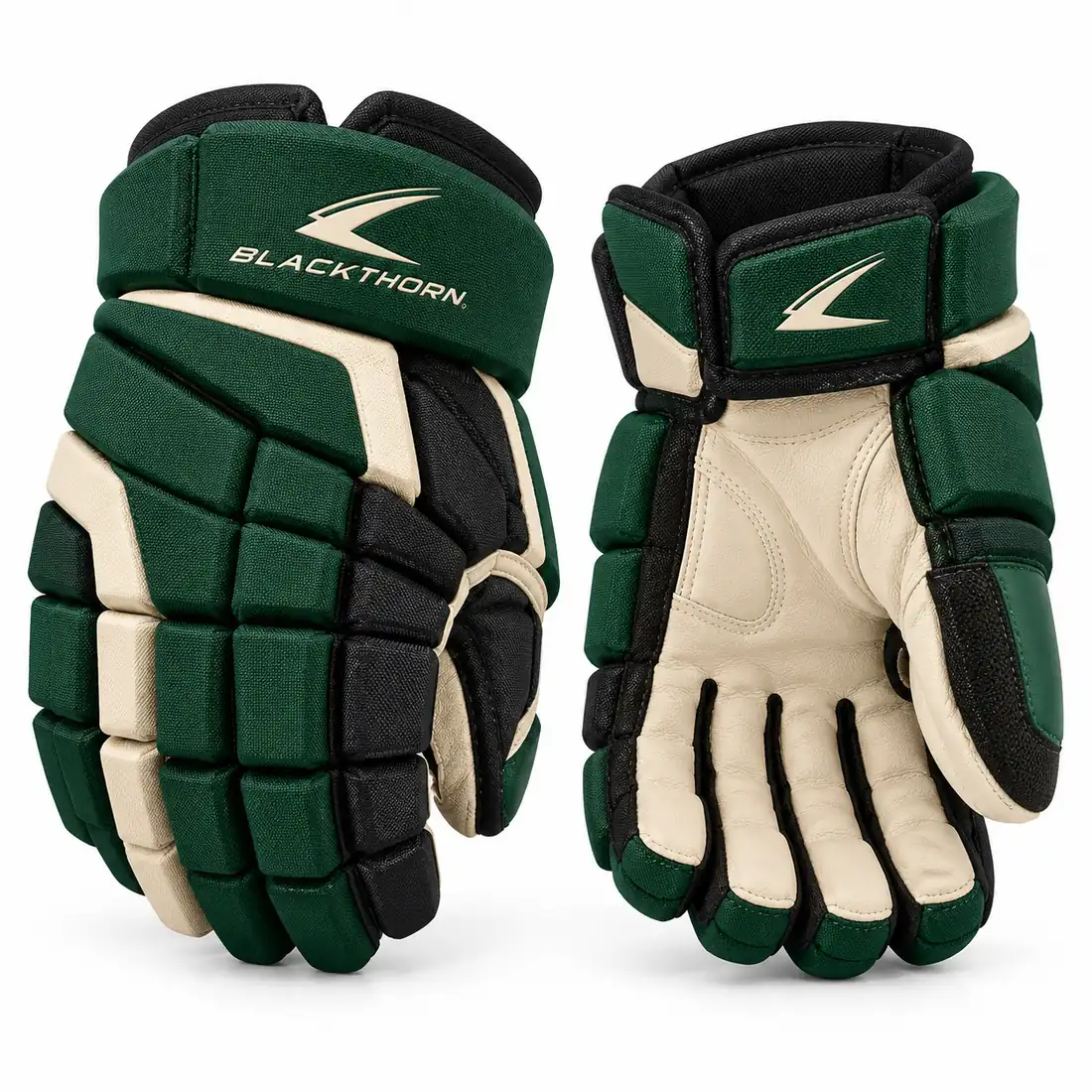 Spruce Blueline forest-green, cream and black ice hockey gloves, backhand and palm view, hockey gloves supplier