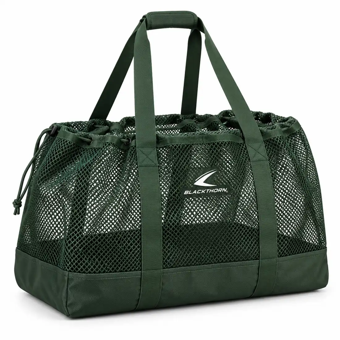 Spruce Mesh Drawcord Decoy Bag, three-quarter view, forest green bulk mesh decoy bag with drawcord top