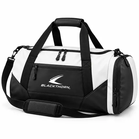 Studio Mono Gym Duffel in black and white with front pocket and shoe tube, OEM gym duffel bag with shoe tube