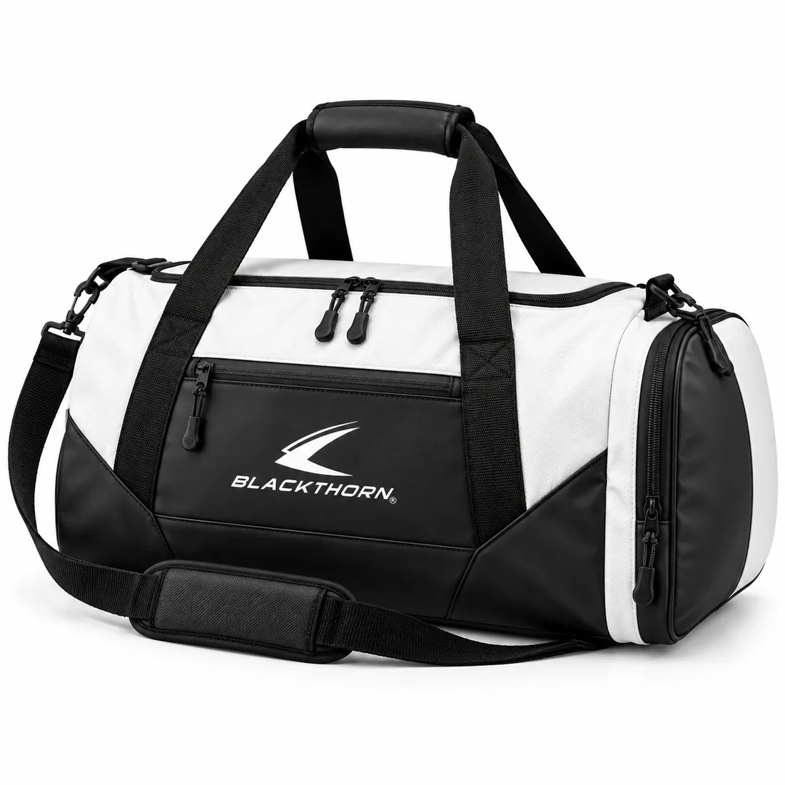 Studio Mono Gym Duffel in black and white with front pocket and shoe tube, OEM gym duffel bag with shoe tube
