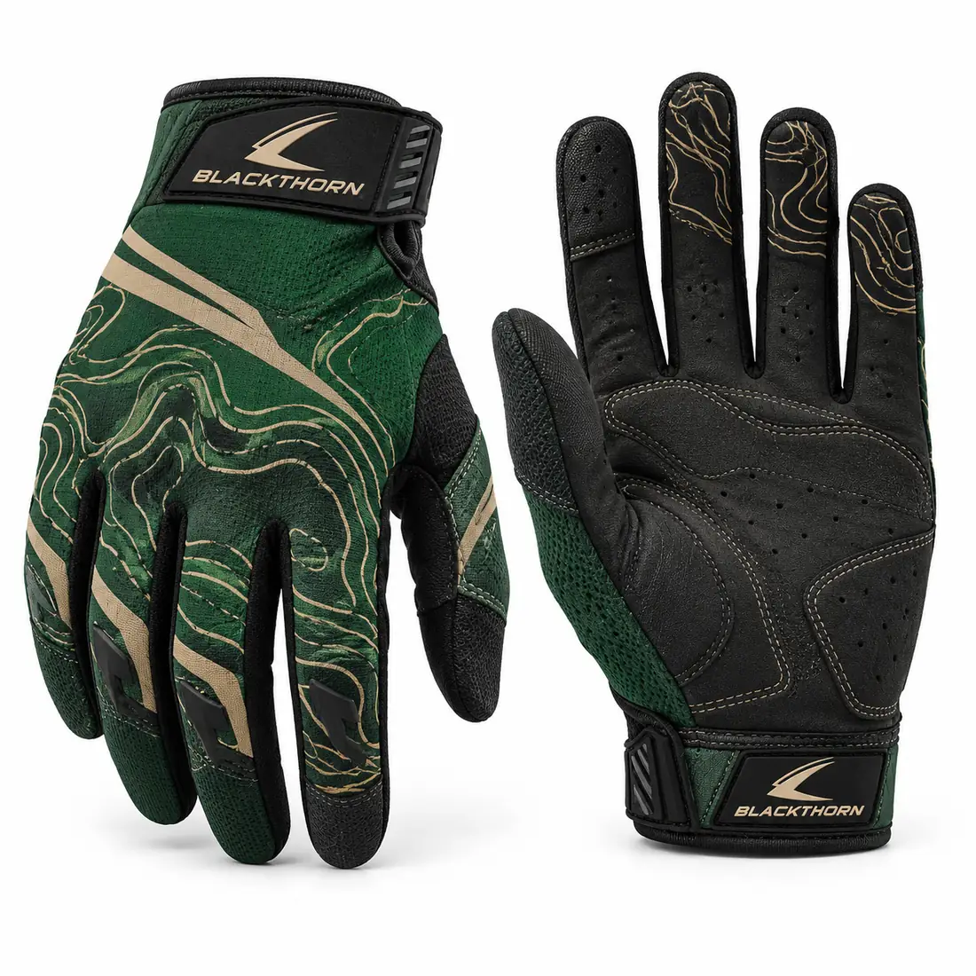 Summit Ridgeline topo MX gloves, forest green with tan contour lines and black palm, private label MX gloves