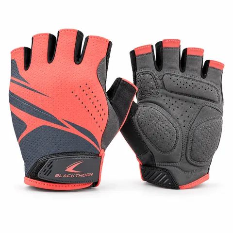 Sunset Cadence women's half-finger cycling gloves in salmon and graphite, back and palm, custom gloves