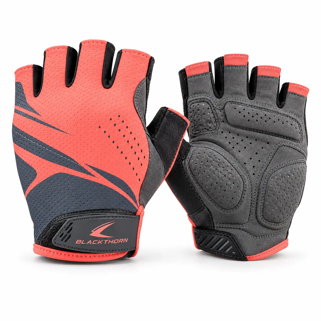 Sunset Cadence women's half-finger cycling gloves in salmon and graphite, back and palm, custom gloves