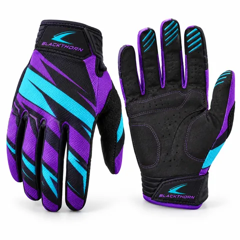 Supercross Ultraviolet team MX gloves in purple, cyan and black with black suede palm, wholesale team MX gloves