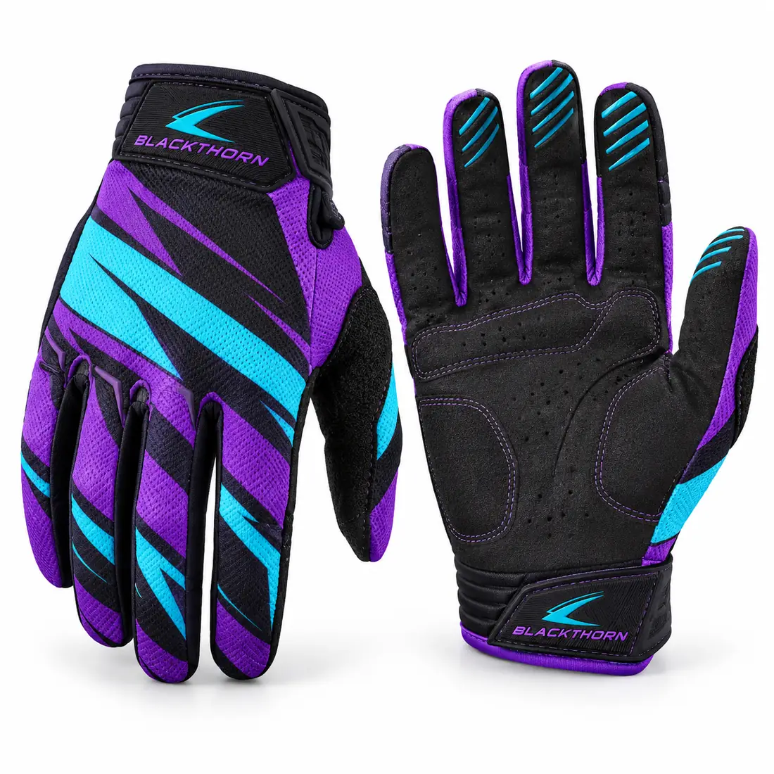 Supercross Ultraviolet team MX gloves in purple, cyan and black with black suede palm, wholesale team MX gloves