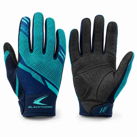 Teal Switchback full-finger bike gloves in teal and navy, back and palm view, bulk bike gloves
