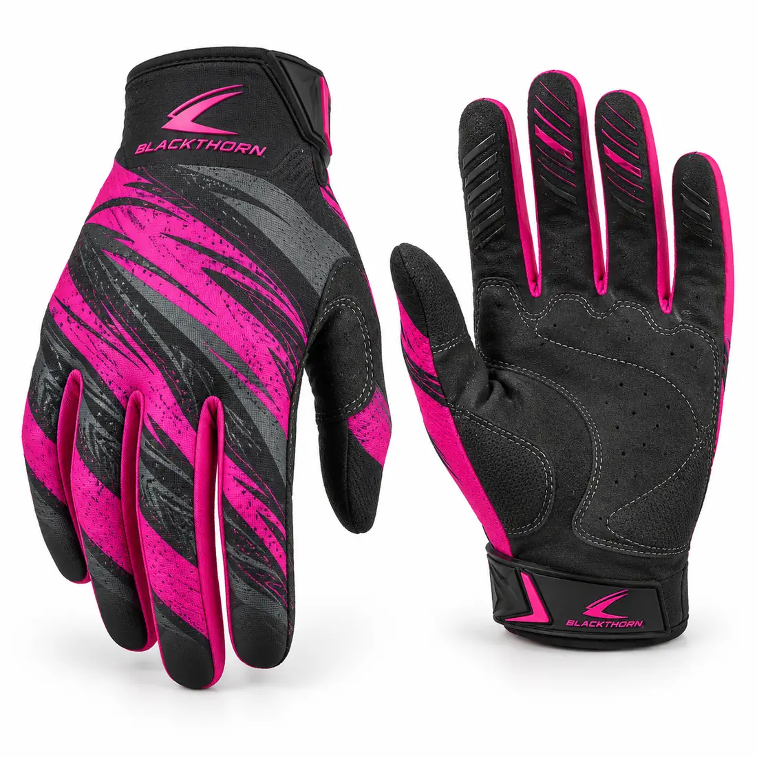 Throttle Magenta race MX gloves, black with magenta and grey brush strokes, back and palm, custom MX gloves