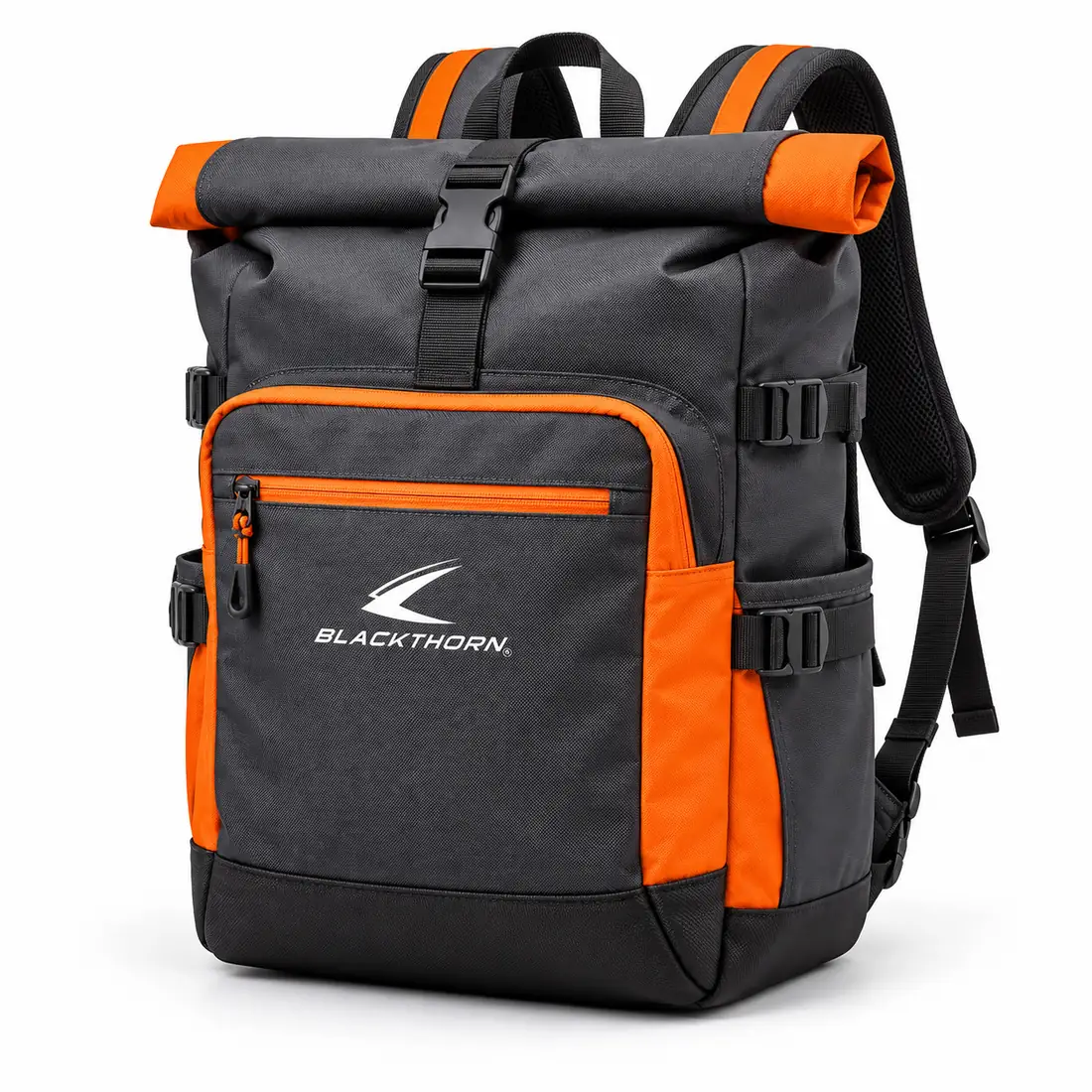 Torch Roll-Top Work Backpack, three-quarter view, charcoal and orange custom roll-top work backpack