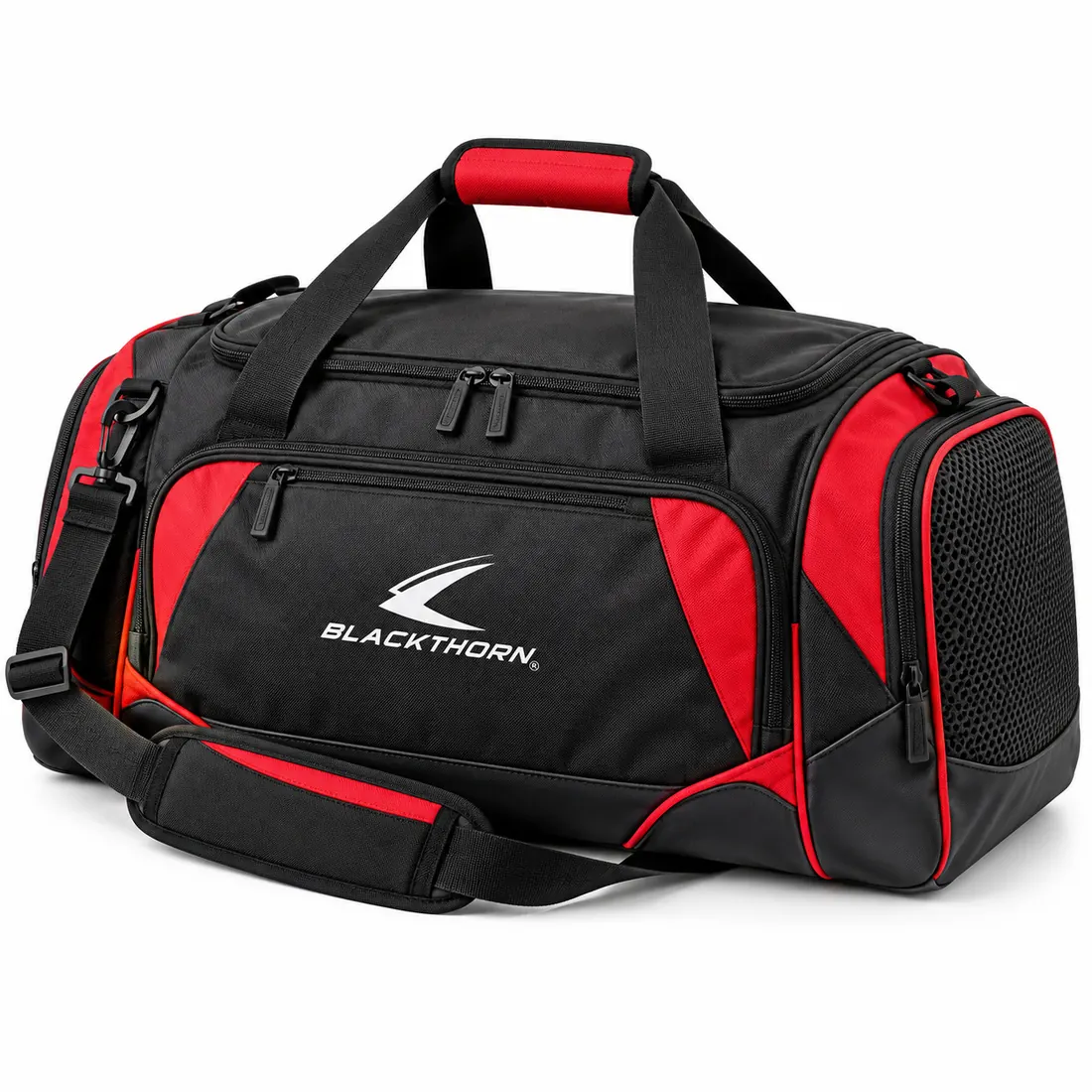 Touchline Scarlet Duffel Kit Bag in black and red with mesh shoe pocket, team duffel kit bag wholesale