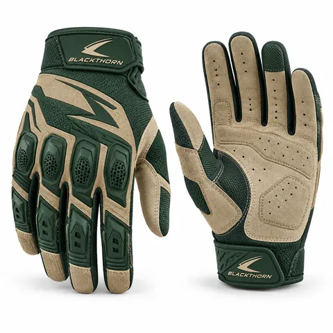 Trailhead Moss armoured MX gloves in forest green and tan with honeycomb TPR guards, armoured MX gloves supplier