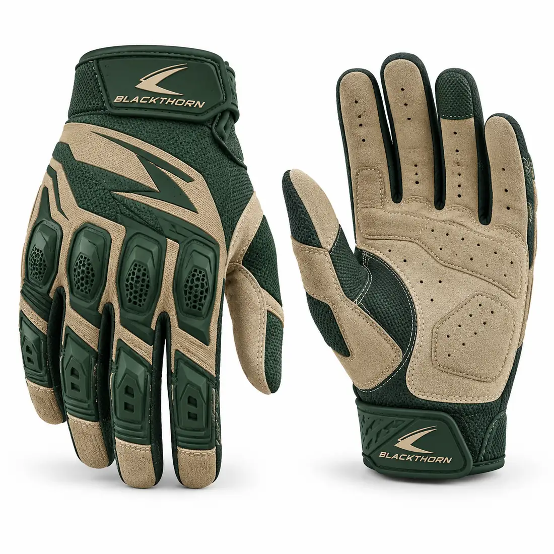 Trailhead Moss armoured MX gloves in forest green and tan with honeycomb TPR guards, armoured MX gloves supplier