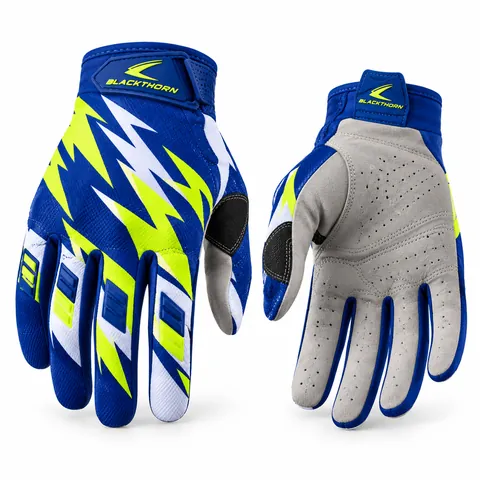 Whoops Lightning MX gloves, royal blue with fluo yellow and white zigzag, OEM sublimated motocross gloves