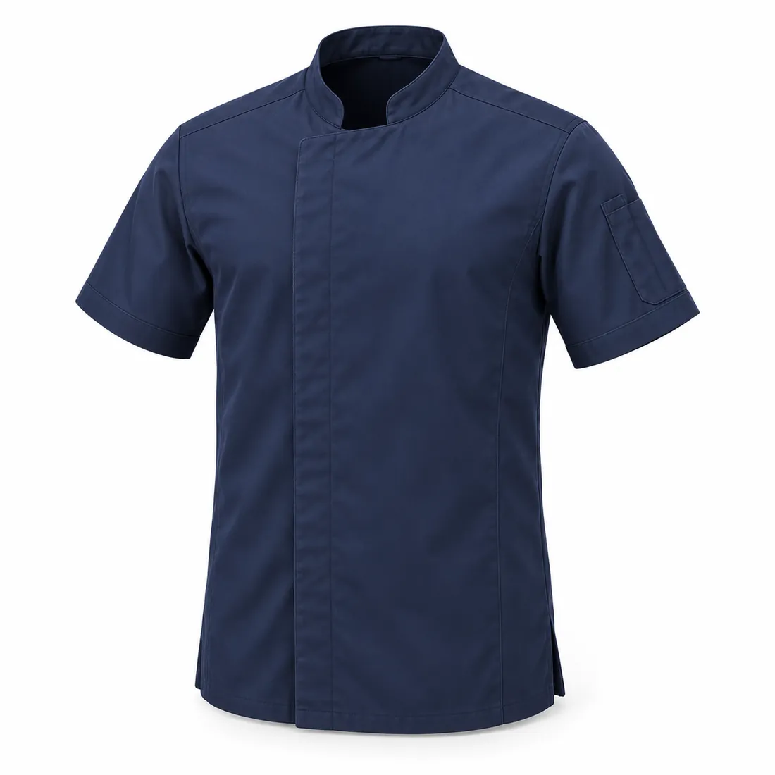 Navy short-sleeve chef jacket with black contrast collar and sleeve pocket, wholesale by Blackthorn World