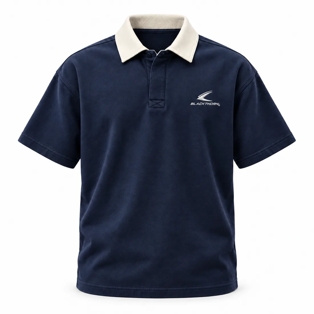 Navy boxy pique polo with cream contrast collar and embroidered chest logo, front view