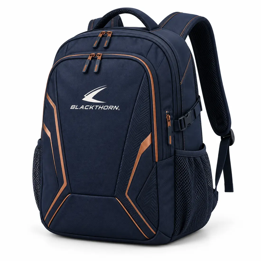 Navy academy team backpack with copper pinstripe piping and side mesh bottle pockets, front view