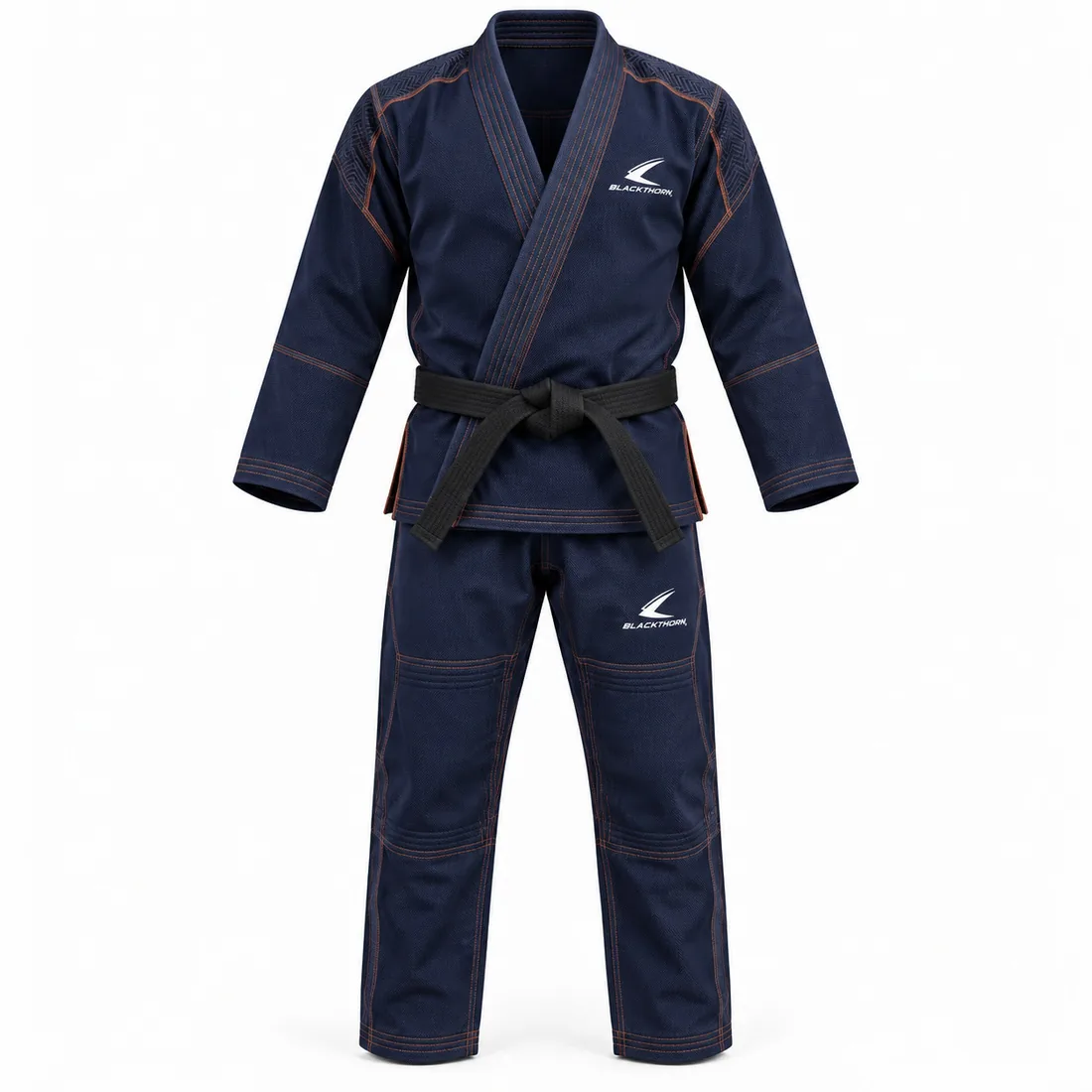 Navy pearl-weave BJJ gi with thin copper pinstripe piping, Navy Copper team store gi, front view