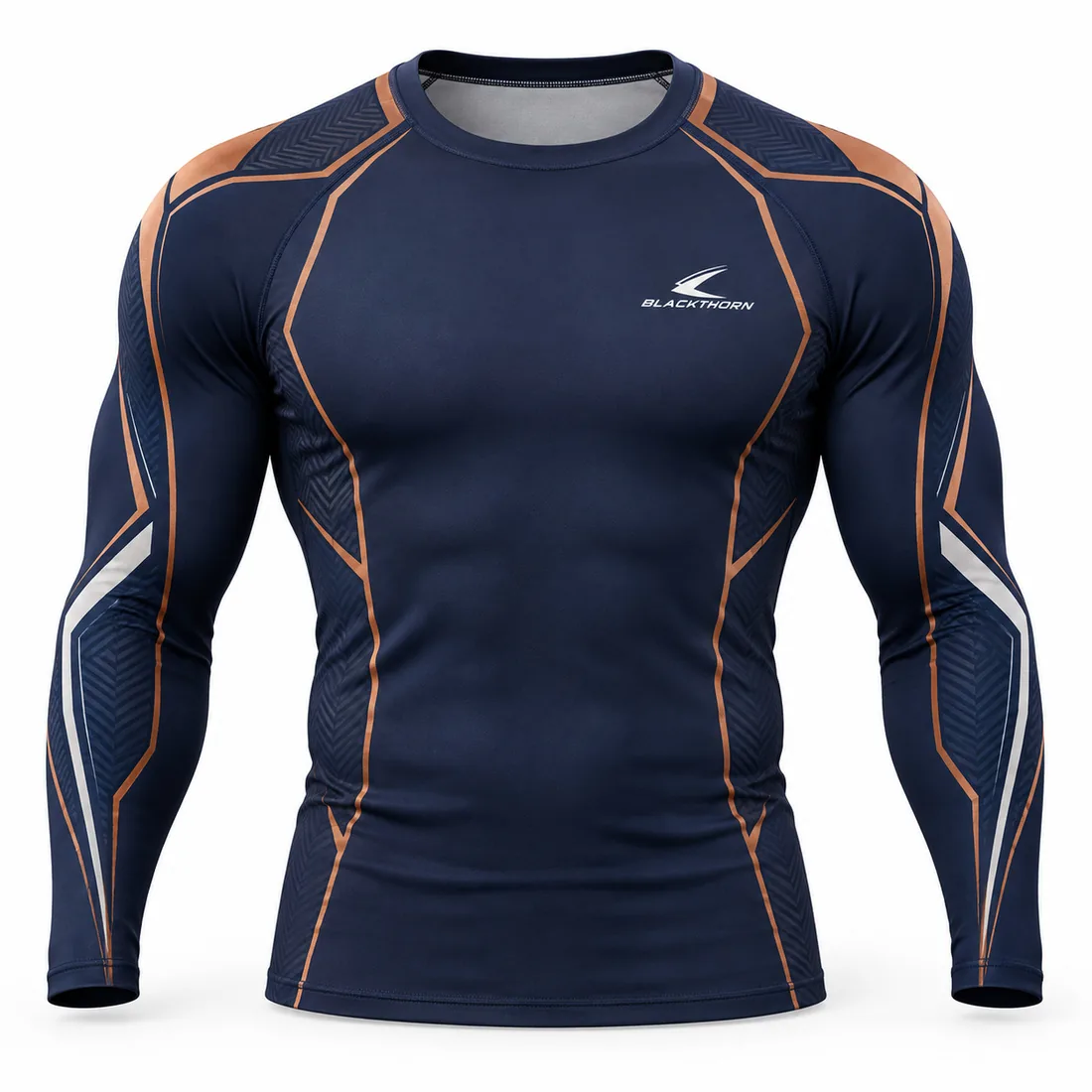 Navy long-sleeve rash guard with fine copper pinstripe piping on sleeves and side panels, wholesale sample