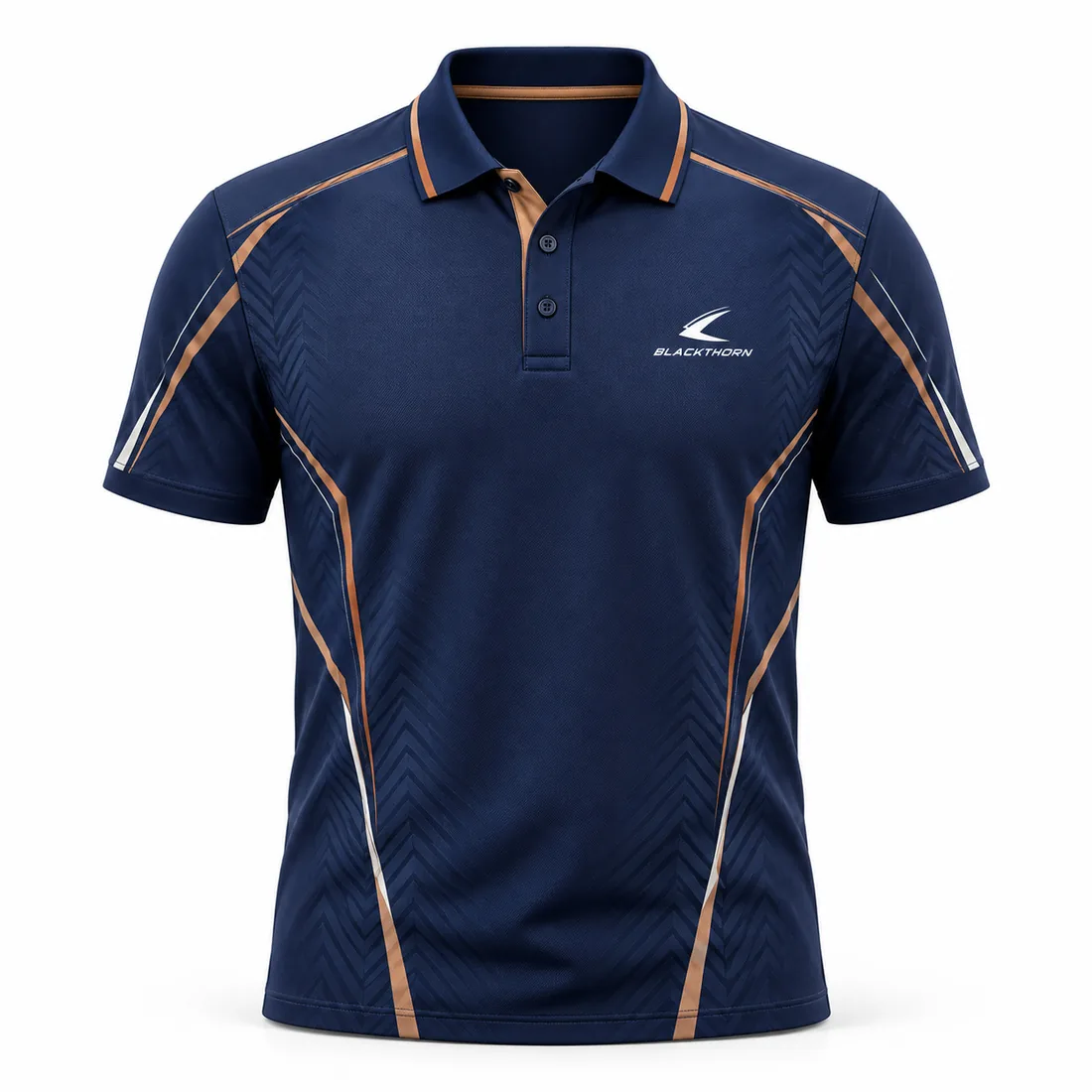 Navy sublimated padel polo shirt with fine copper pinstripe piping on shoulders, front view