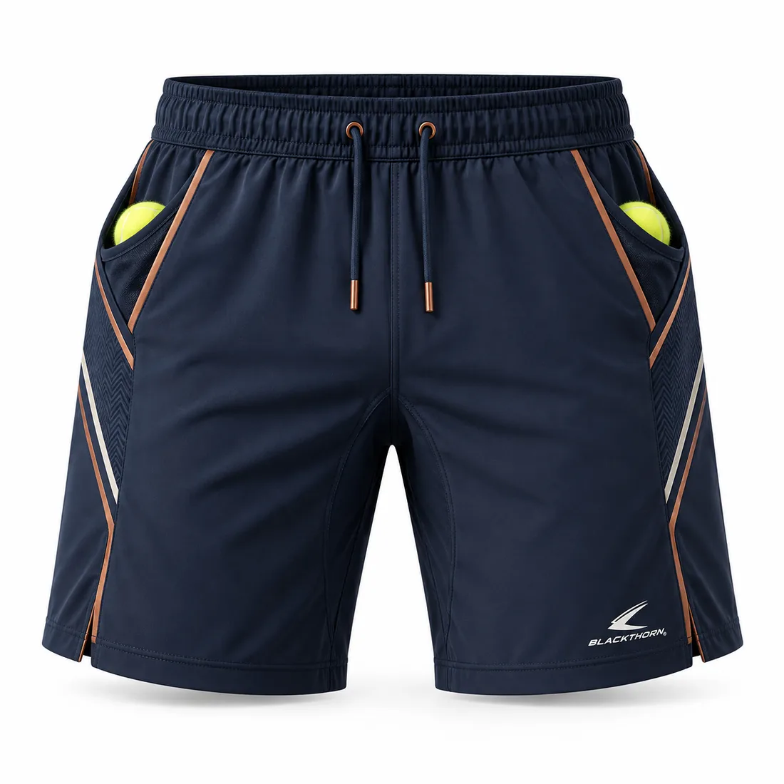 Navy padel shorts with fine copper pinstripe piping on side seams and ball pockets