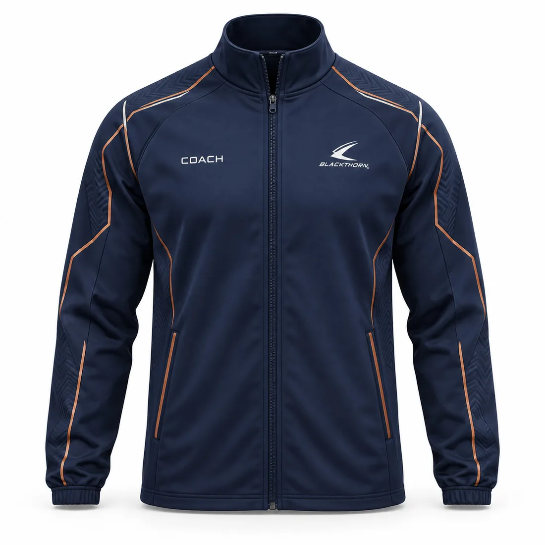 Navy softshell coach jacket with copper pinstripe piping and COACH chest print, full zip front view