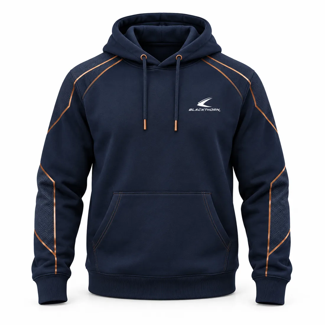 Navy pullover fight team hoodie with fine copper pinstripe piping and kangaroo pocket, front view
