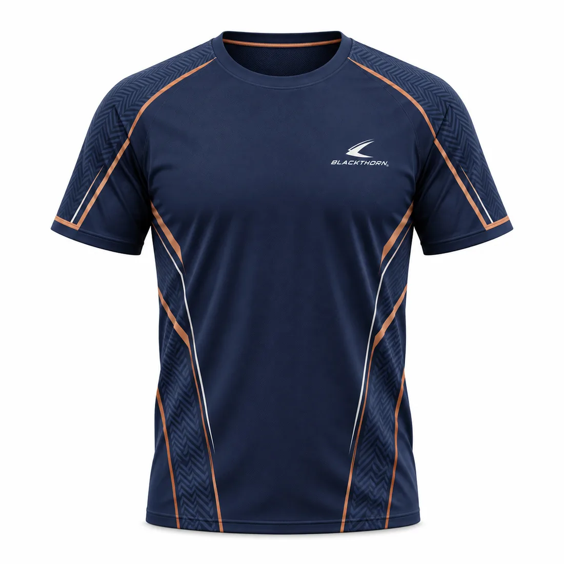 Navy crew-neck pickleball jersey with fine copper pinstripe piping on shoulders and sides, front view