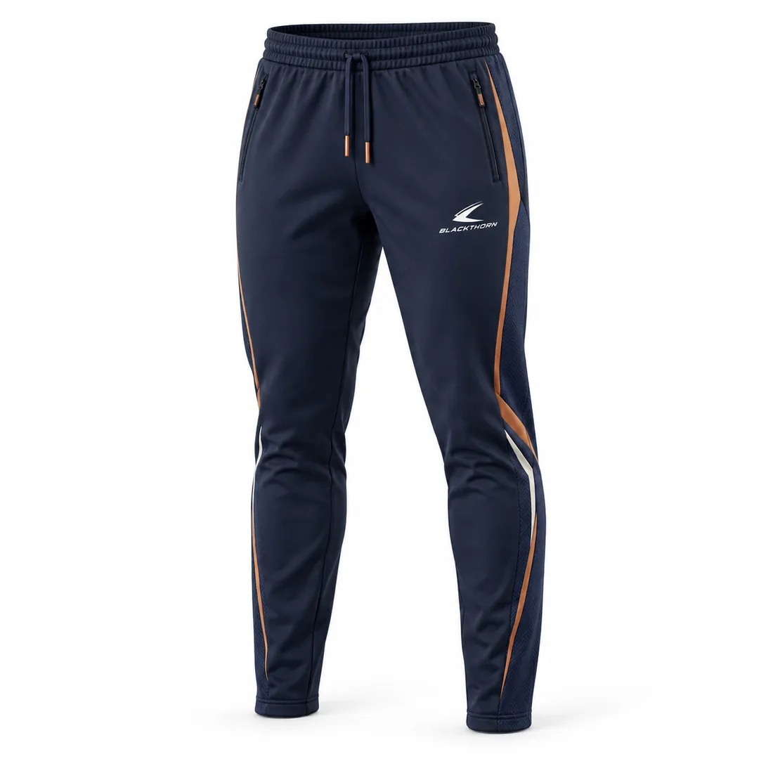 Navy tapered coach training pants with fine copper pinstripe piping and zip pockets, front view