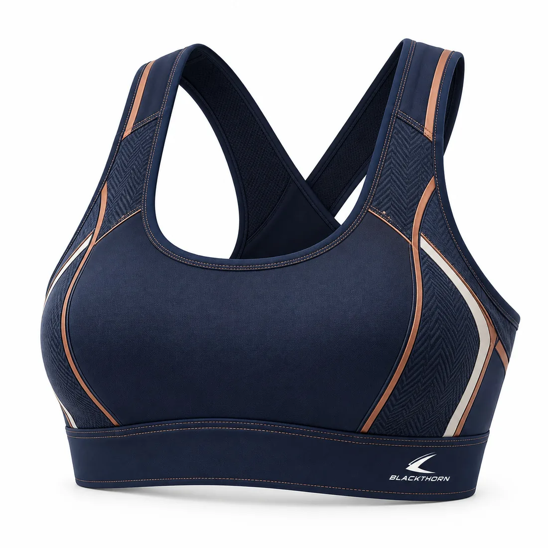 Navy sublimated sports bra with fine copper pinstripe piping and wide under-band, front view