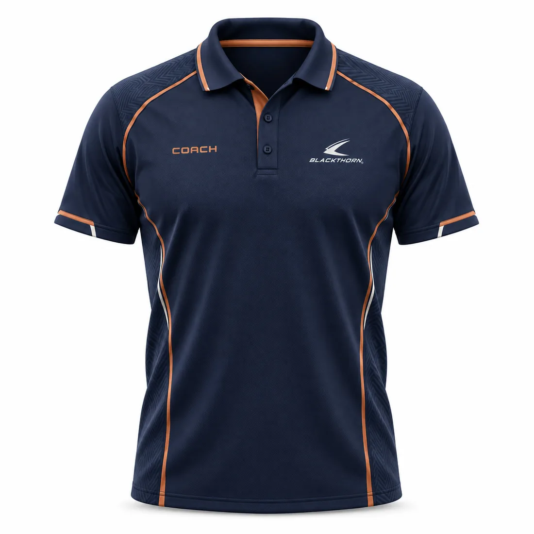 Navy coach polo shirt with fine copper pinstripe piping and COACH chest print for team stores, front view