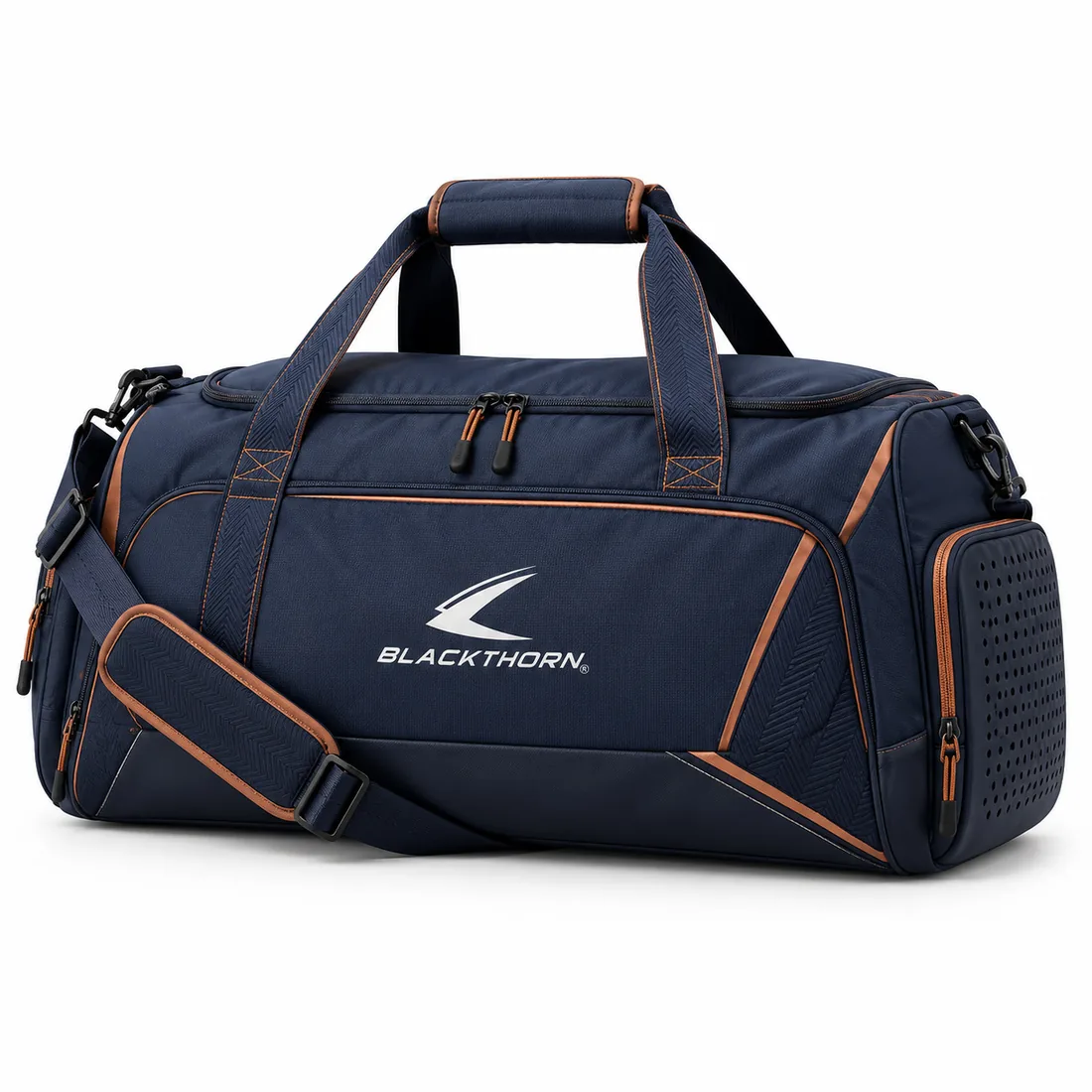 Navy wholesale duffel bag with fine copper pinstripe piping, mesh shoe end-pocket and padded shoulder strap
