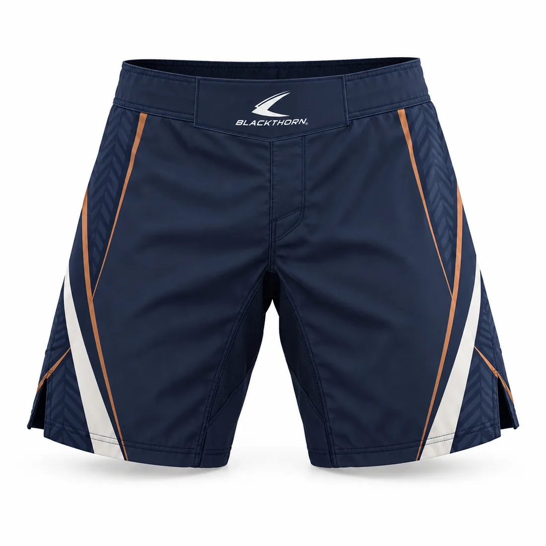 Navy MMA fight shorts with fine copper pinstripe piping along side splits and waistband