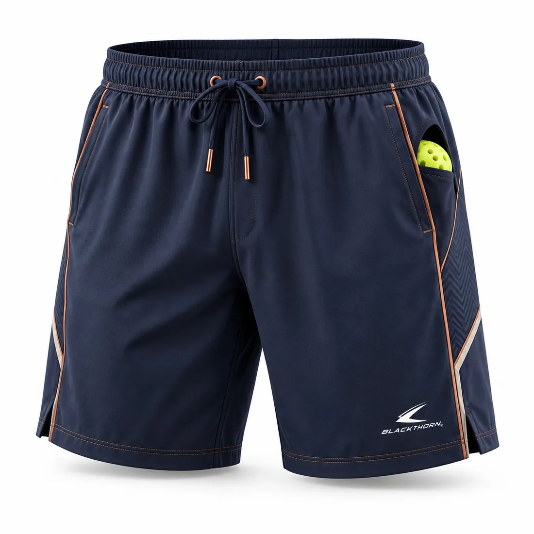 Navy pickleball shorts with fine copper pinstripe piping on the outer seam and deep ball pocket