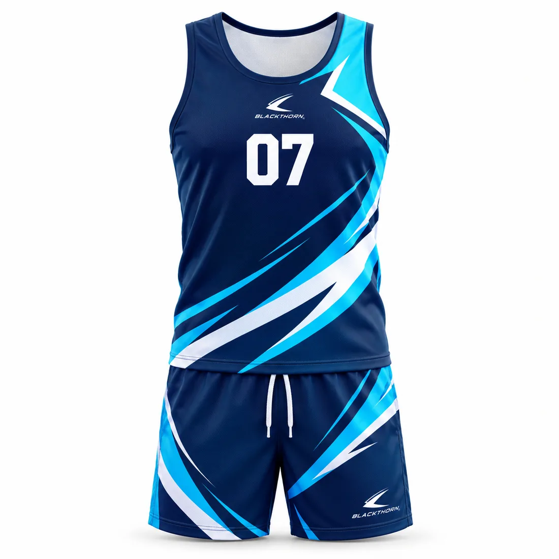 Navy sleeveless beach volleyball tank and drawcord shorts with cyan and white wave swooshes and number 07