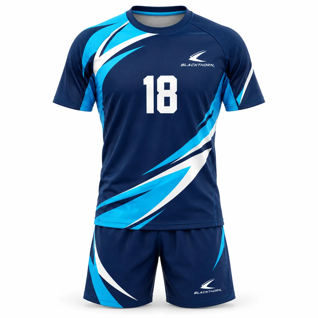 Navy handball jersey and shorts with cyan and white wave swooshes and white number 18, custom handball kit