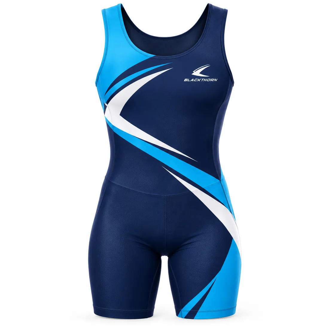 Navy sleeveless rowing unisuit with cyan and white wave swooshes along the sides, custom boat club kit