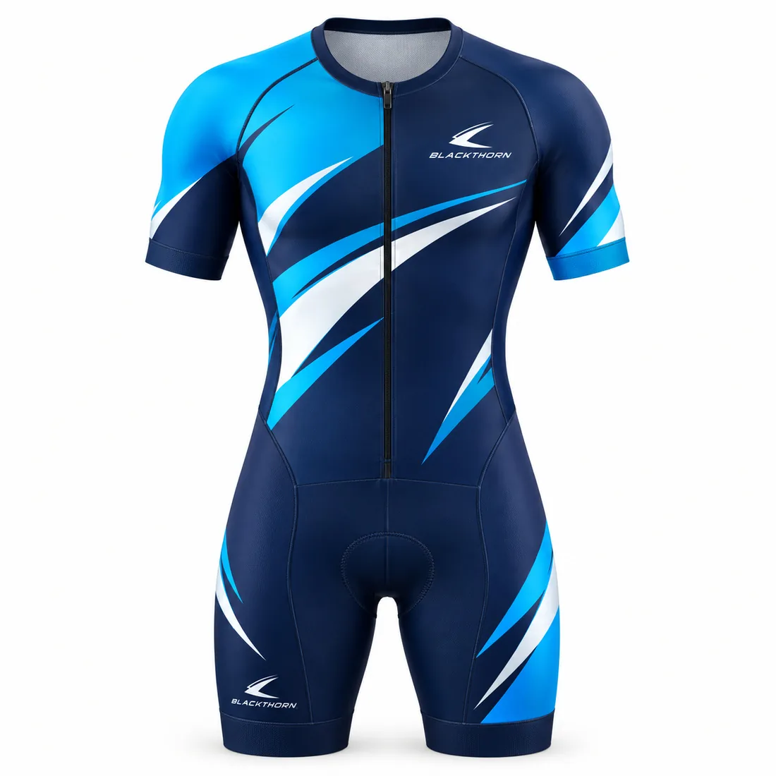 Navy short-sleeve front-zip triathlon suit with cyan and white wave swooshes, front view