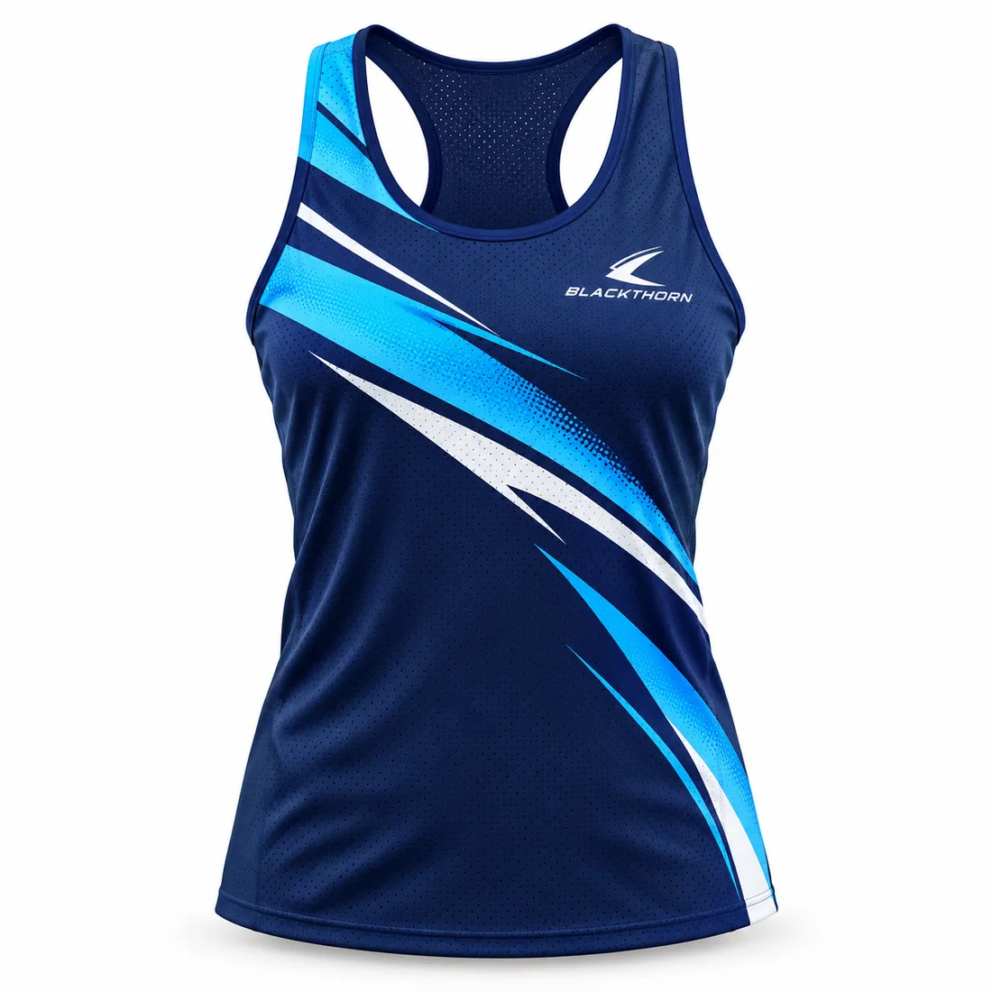 Women's navy racer-back running singlet with cyan and white wave swooshes, custom athletics club vest