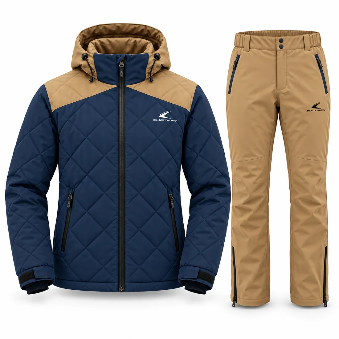 Navy Diamond Quilt Après Set — custom diamond-quilted jacket and pants set in navy and tan, made to order by Blackthorn World