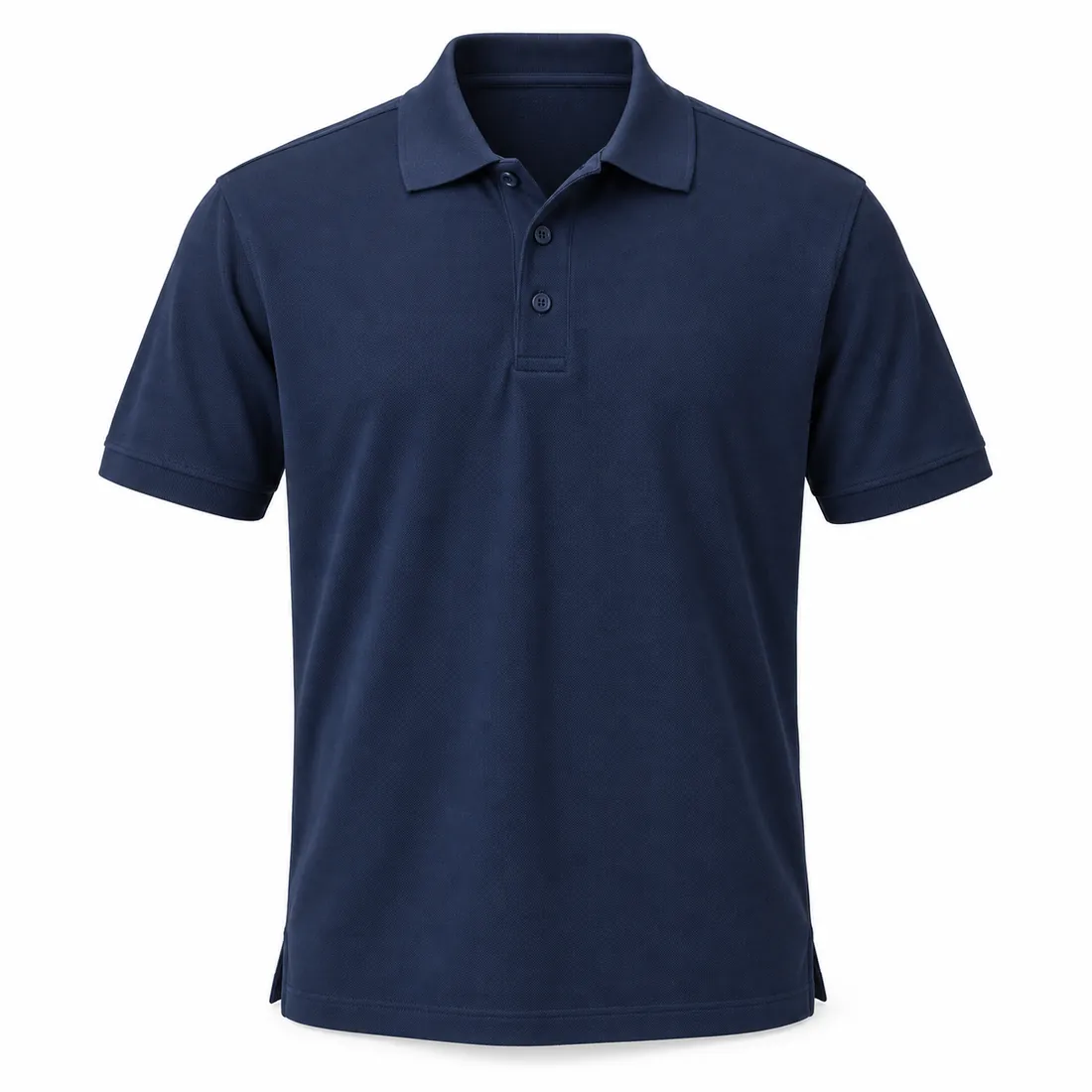 Navy piqué polo shirt with side vents and longer back hem, wholesale by Blackthorn World