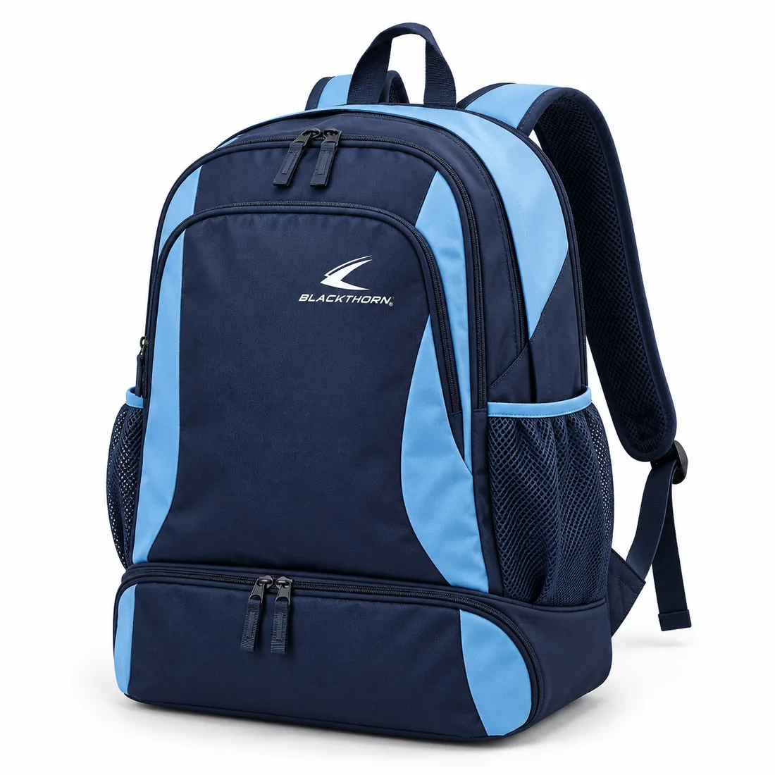 Navy & Sky Blue School Backpack with Boot Compartment — custom school bags by Blackthorn World