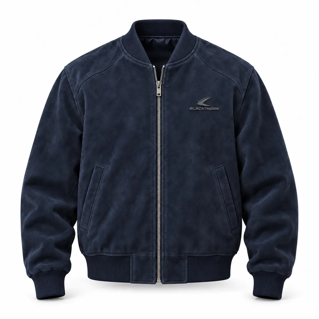 Navy micro-suede raglan bomber jacket with rib trims and small TPR chest badge, front view