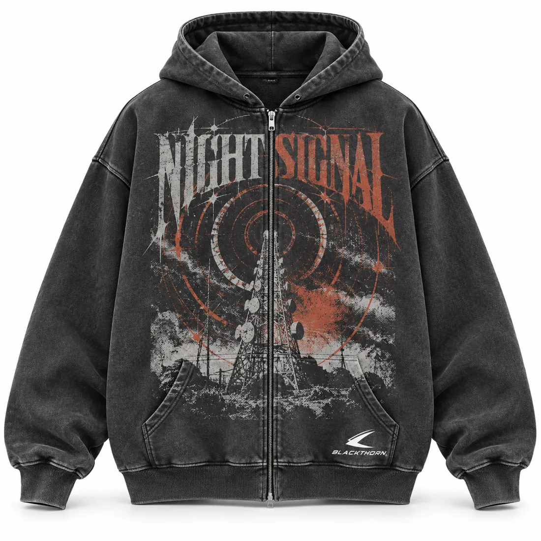 Night Signal Washed Charcoal Zip Hoodie — hoodies & sweatshirts by Blackthorn World