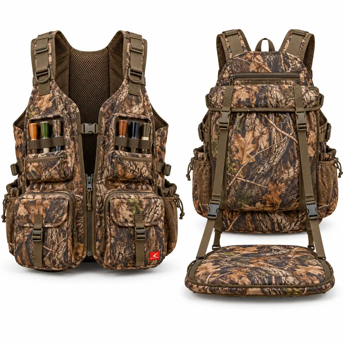 Oak brown camo turkey vest with padded seat cushion and chest buckle strap