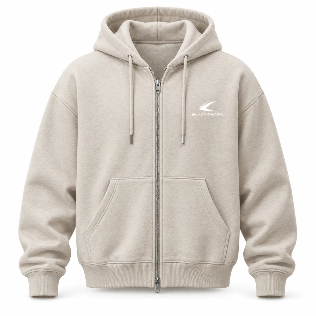 Oatmeal ecru heather heavyweight full-zip hoodie, oversized fit, front view